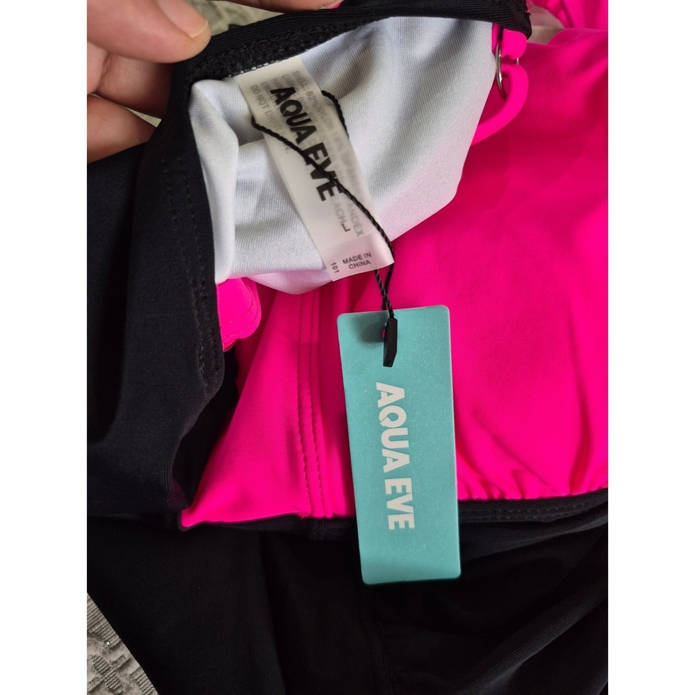 Aqua Eve One Piece Swimsuit Neon Pink Black Ruched Tummy Control Large NWT - Picture 7 of 7